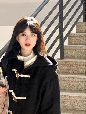 Black Hooded Toggle Coat for Women